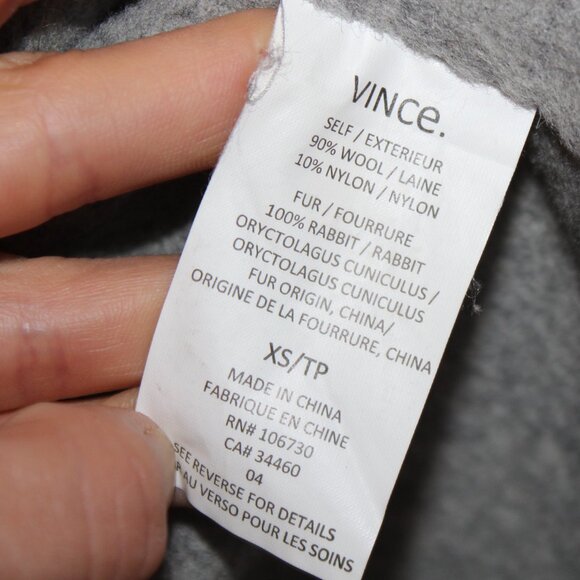 Vince light grey wool coat with rabbit fur trim hood - Picture 9 of 9